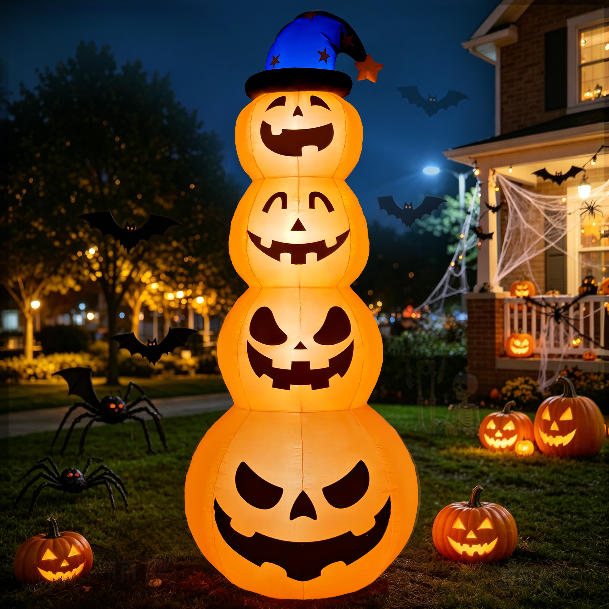 Knoaia 8ft Halloween Inflatable, Stacked Pumpkins with Witch Hat and Built-in LED Lights, Outdoor Blow up Yard Decor for Lawn, Garden, Porch and Halloween Party, Orange