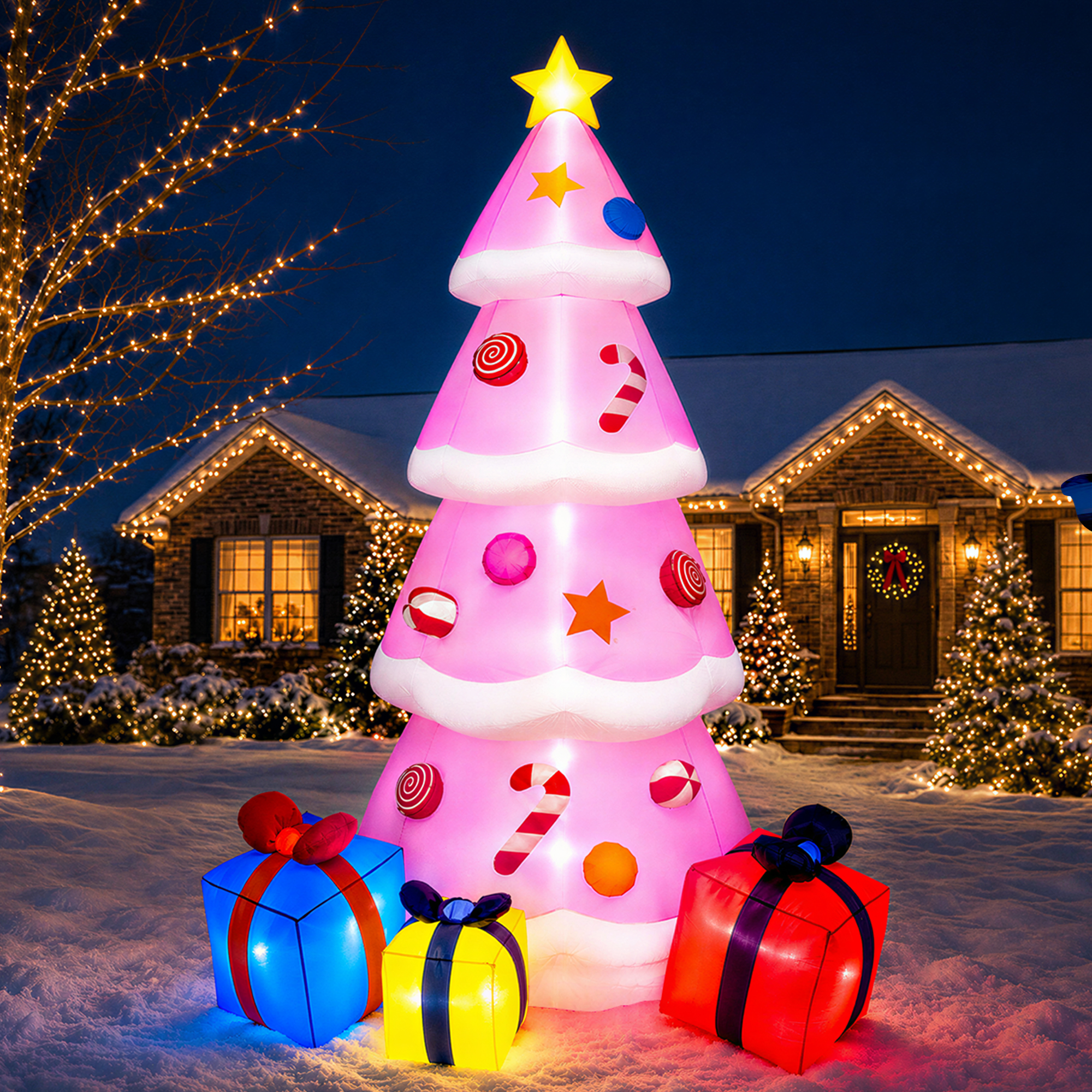 Knoaia 9 FT Tall Pink Christmas Inflatables Tree with LED Lights and Gift Boxes, Outdoor Yard Decor