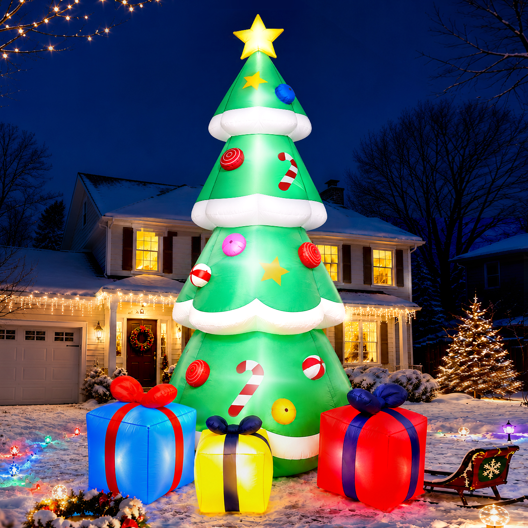 Knoaia 10FT Christmas Inflatables Tree with Built-In LED Lights and Gift Boxes, Giant Xmas Blow Up Tree Yard Decoration for Outdoor Yard Garden Lawn Decor,Green