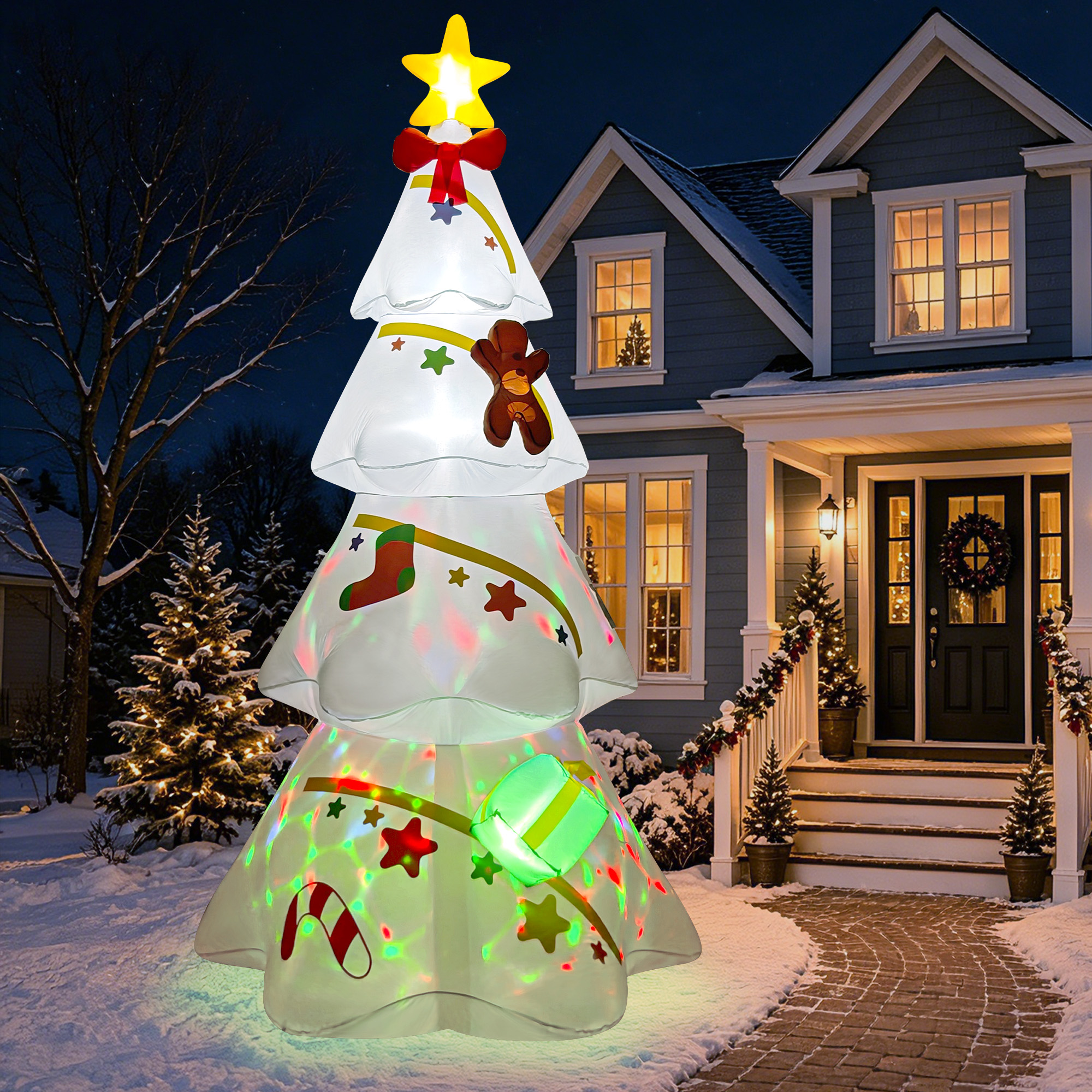 Knoaia 9 ft White Christmas Tree Inflatable with Gift Box, Built-in LED and Color Lights, Outdoor Christmas Yard Decoration