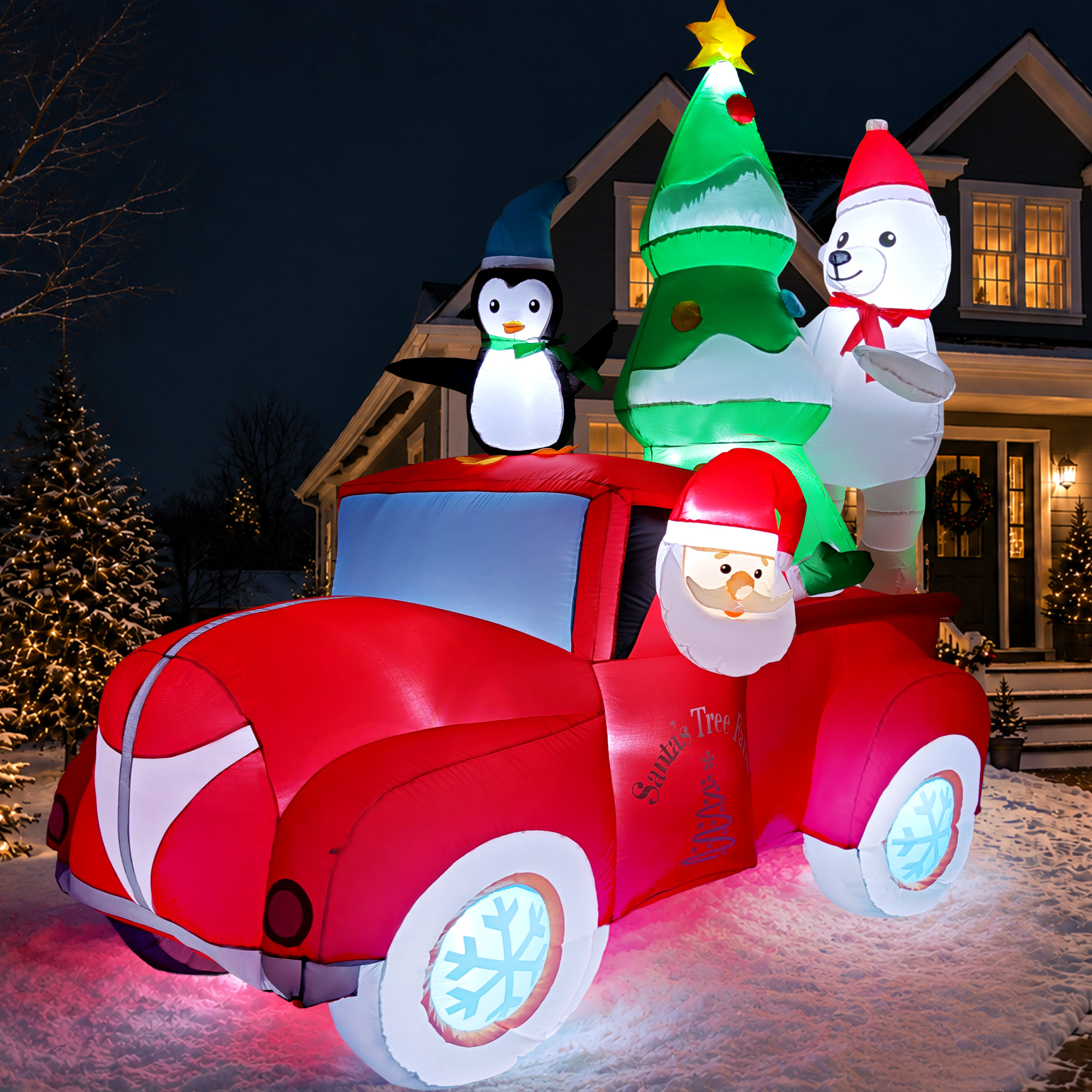 Knoaia 8 ft Outdoor Christmas Inflatable with Santa, Penguin, Polar Bear and Red Car, Built-in LED Lights for Yard, Lawn and Garden