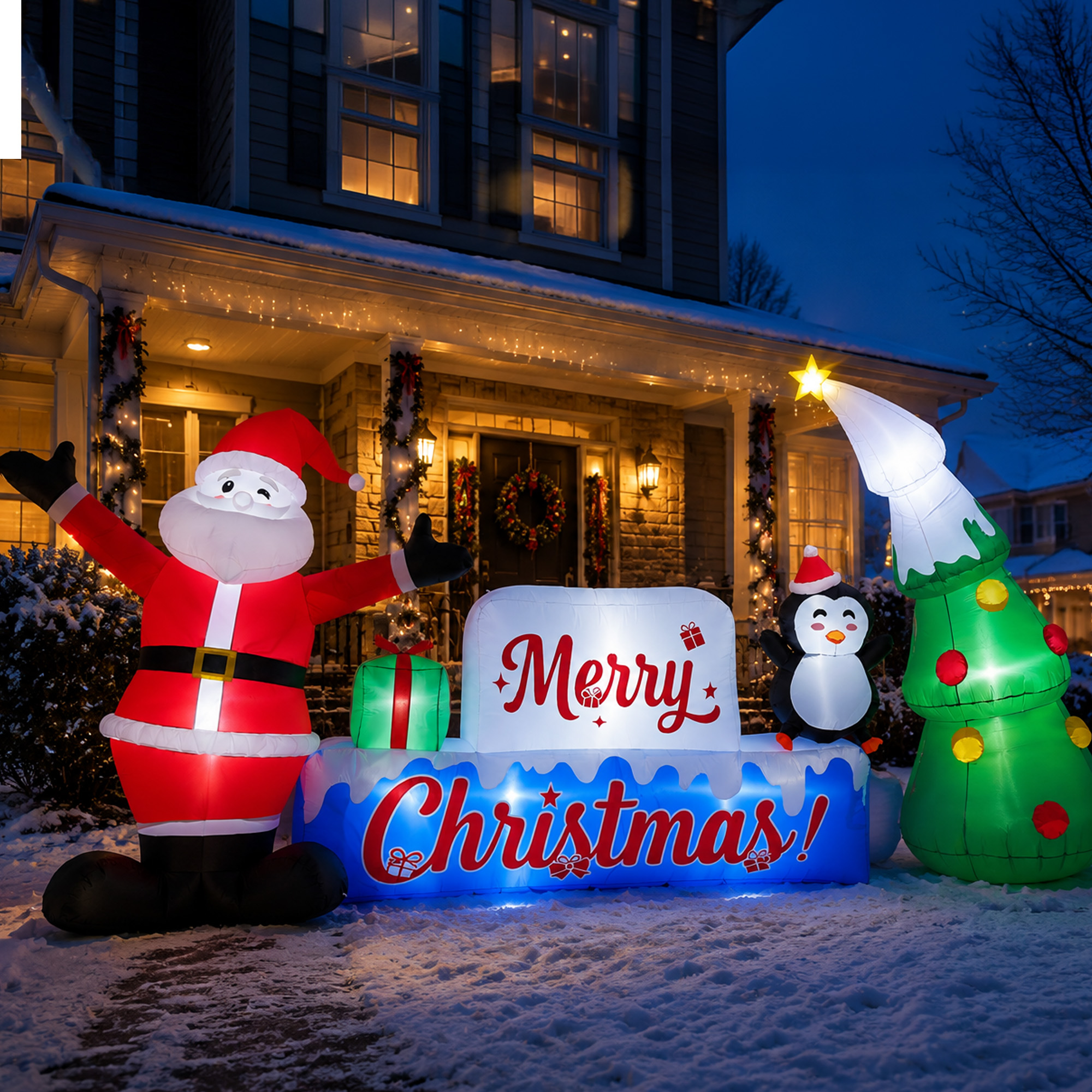 Knoaia 12 ft Long Christmas Inflatable with Santa Claus, Penguin, Tree and Merry Christmas Sign, Built-in LED Lights for Yard