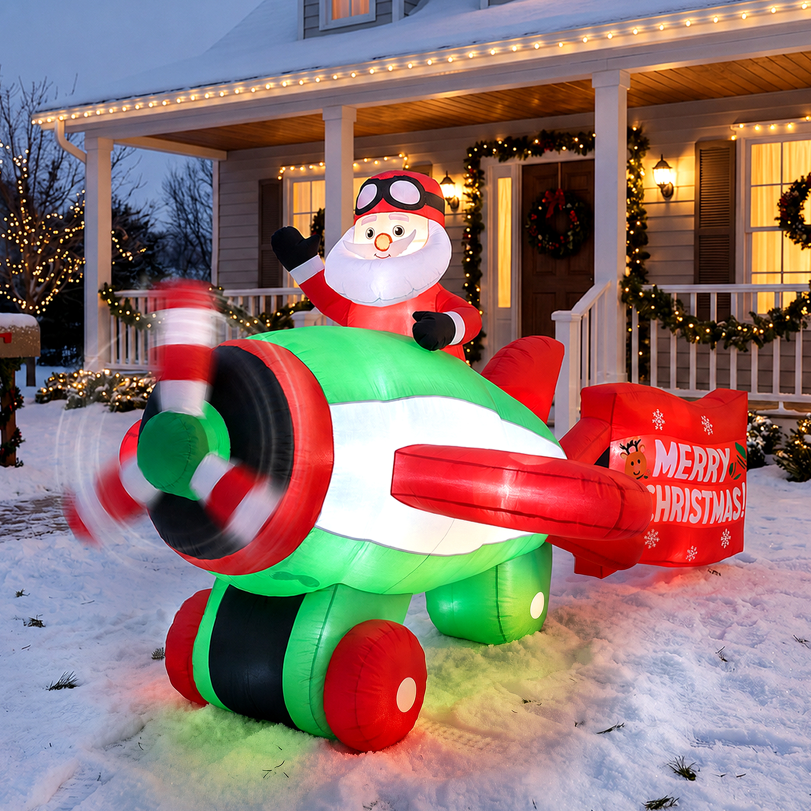 10.5ft Christmas Inflatables Outdoor Decorations, Inflatable Santa Claus Flying Airplane with Merry Christmas Banner, Built-in LEDs Christmas Inflatable Decorations Yard for Holiday Party Garden Lawn