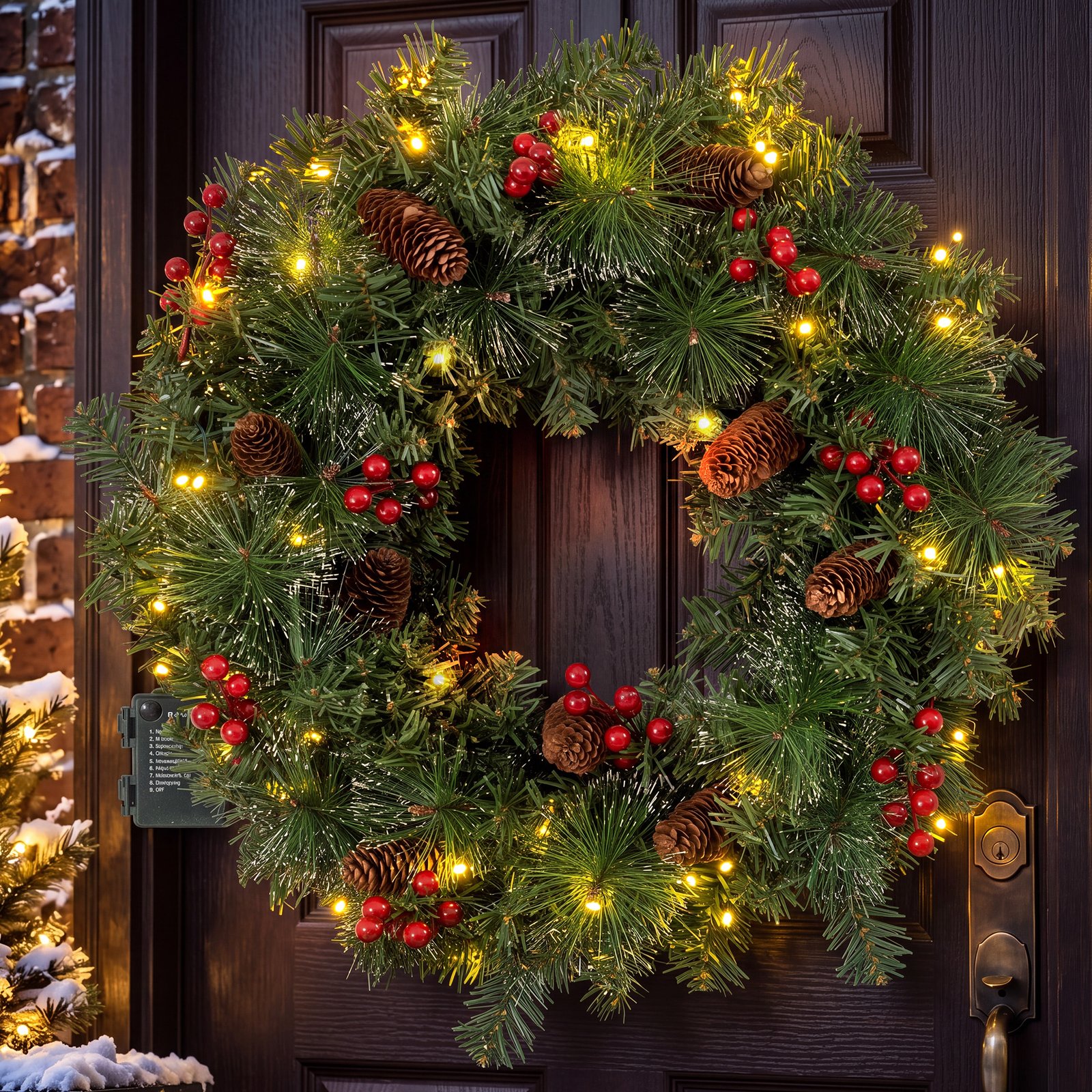 24" Pre-Lit Christmas Wreaths, Outdoor Lighted Christmas Wreath for Front Door, Christmas Red Berries, Pine Cones Wreath, Xmas Wreath Decor for Window Fireplace Indoor, Green