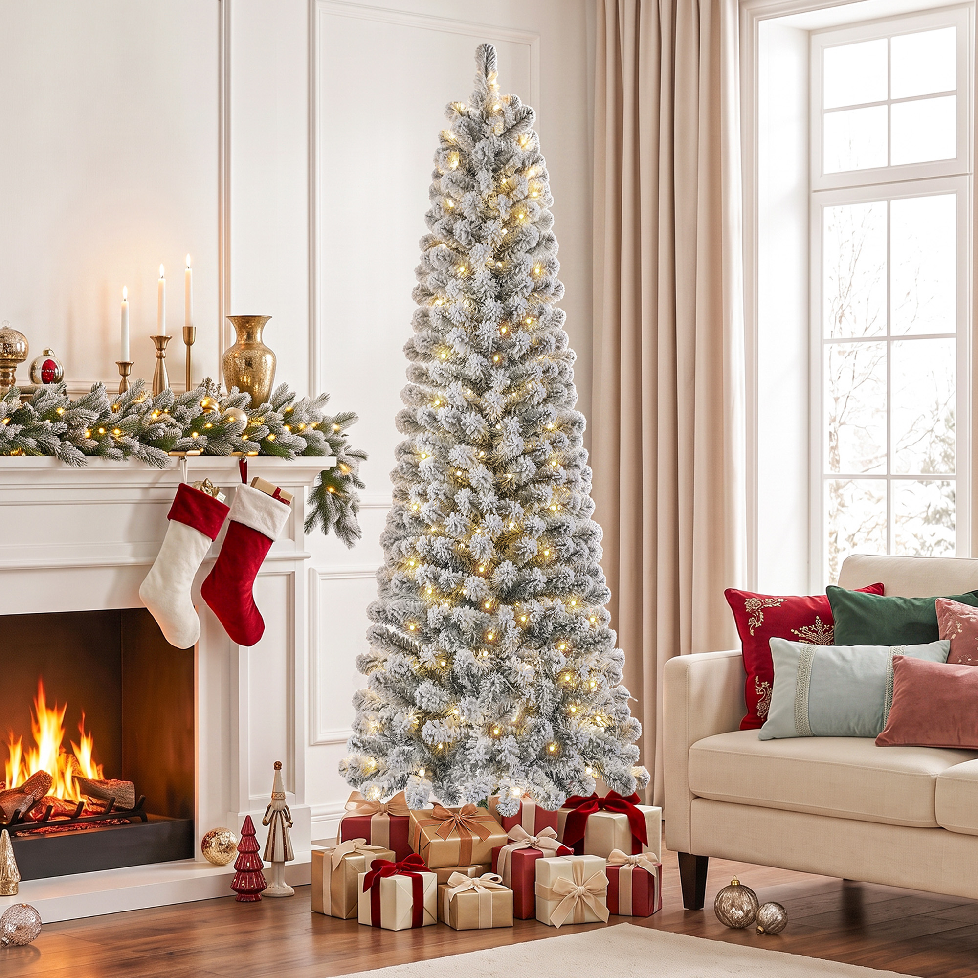 Knoaia 6ft Flocked Pencil Christmas Tree, Pre-Lit Artificial Christmas Tree with 500 Tips, 220 Warm White & Multicolor Lights, 10 Modes, Slim Xmas Tree with Stand