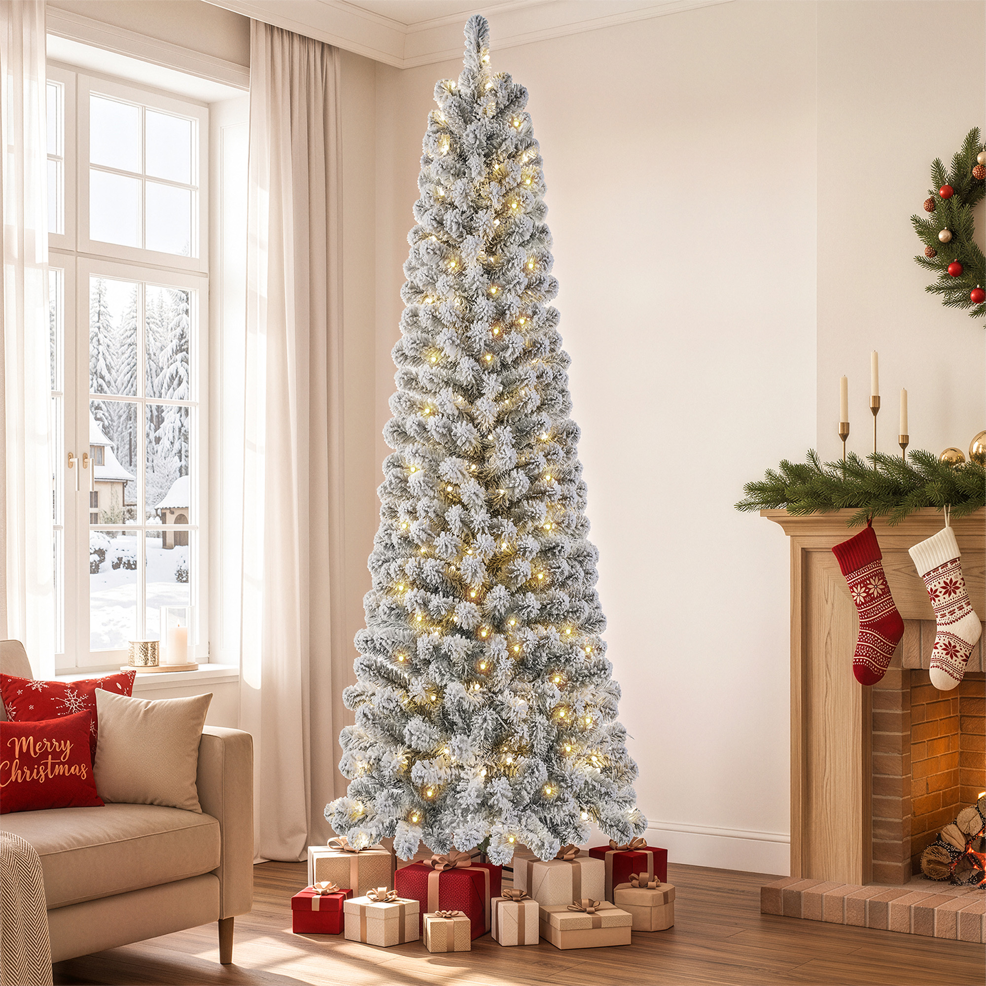 Knoaia 7ft Flocked Pencil Christmas Tree, Pre-Lit Artificial Christmas Tree with 640 Tips, 280 Warm White & Multicolor Lights, 10 Modes, Slim Xmas Tree with Stand