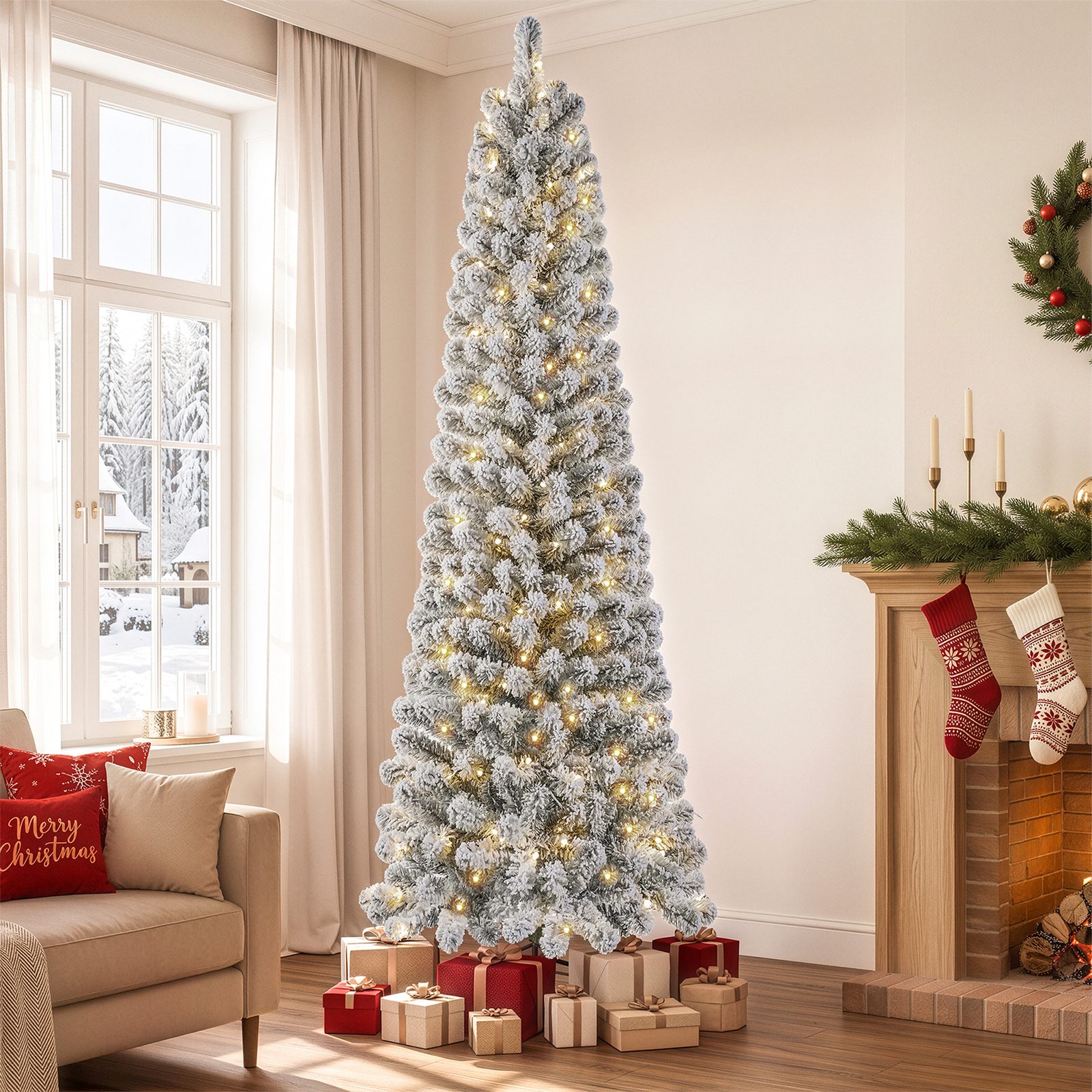Knoaia 7ft Flocked Pencil Christmas Tree, Pre-Lit Artificial Christmas Tree with 640 Tips, 280 Warm White & Multicolor Lights, 10 Modes, Slim Xmas Tree with Stand