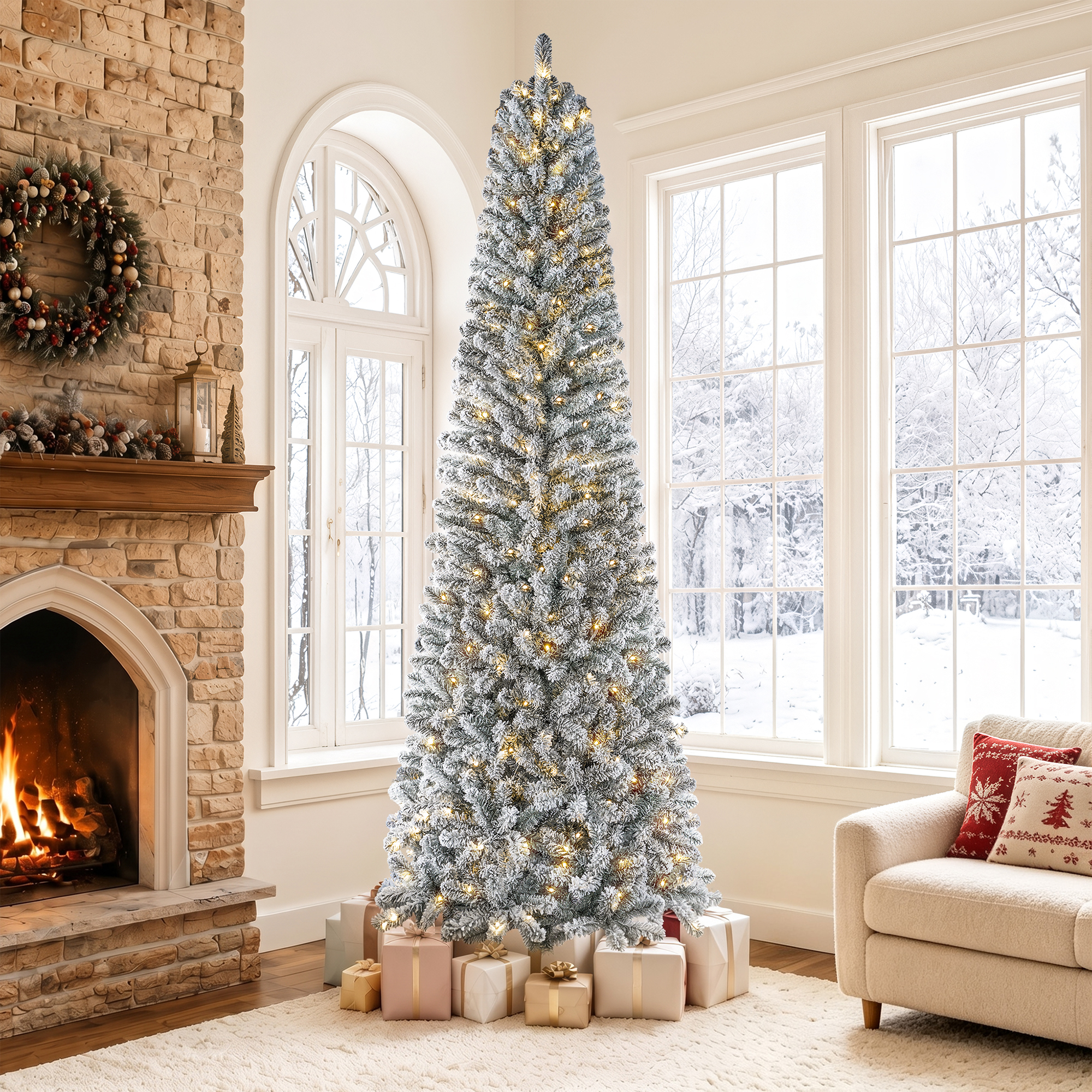 Knoaia 9ft Flocked Pencil Christmas Tree, Pre-Lit Artificial Christmas Tree with 1250 Tips, 400 Warm White & Multicolor Lights, 10 Modes, Tall Slim Xmas Tree with Stand