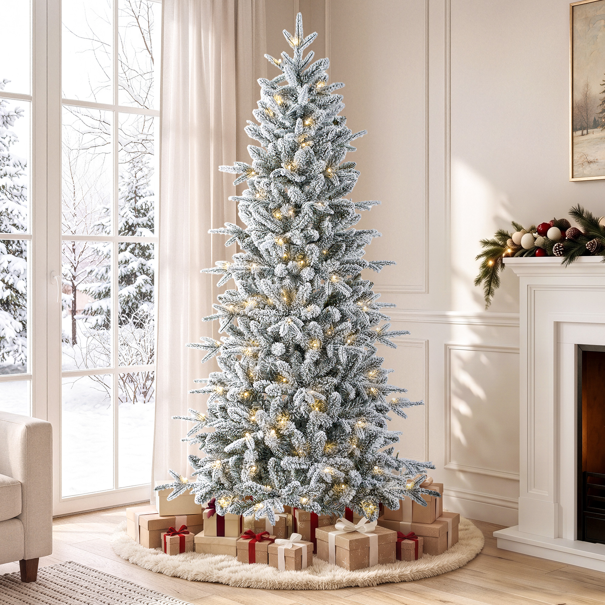 Knoaia 6ft Pre-Lit Slim Snow Flocked Aspen Fir Christmas Tree, 900 PE & PVC Branch Tips, 250 Warm White & Multicolor LED Lights, 10 Lighting Modes, Hinged Branches with Metal Stand