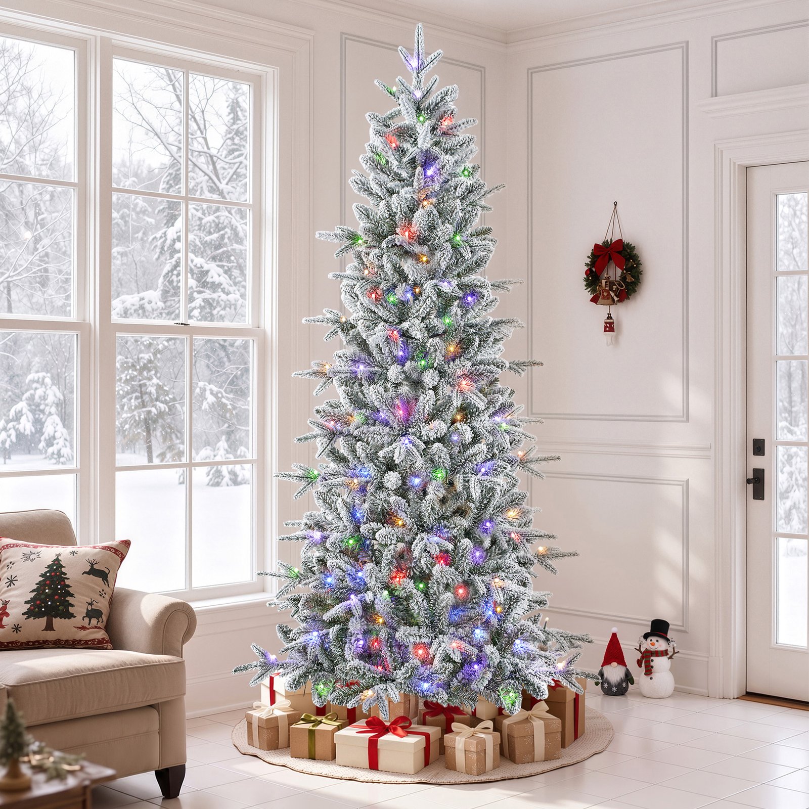 Knoaia 7ft Pre-Lit Slim Snow Flocked Aspen Fir Christmas Tree, PE & PVC Branch Tips, Warm White & Multicolor LED Lights, 10 Lighting Modes, Hinged Branches with Metal Stand