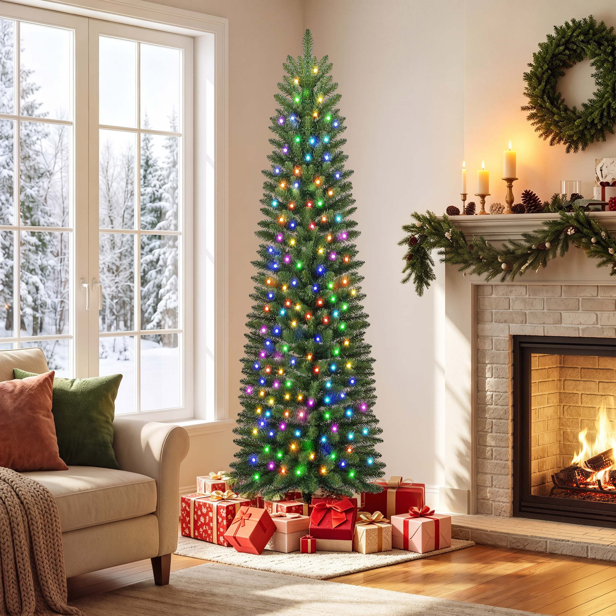 Knoaia Pre-Lit Pencil Artificial Christmas Tree, 6ft Xmas Tree with Metal Stand for Christmas Decoration, Green