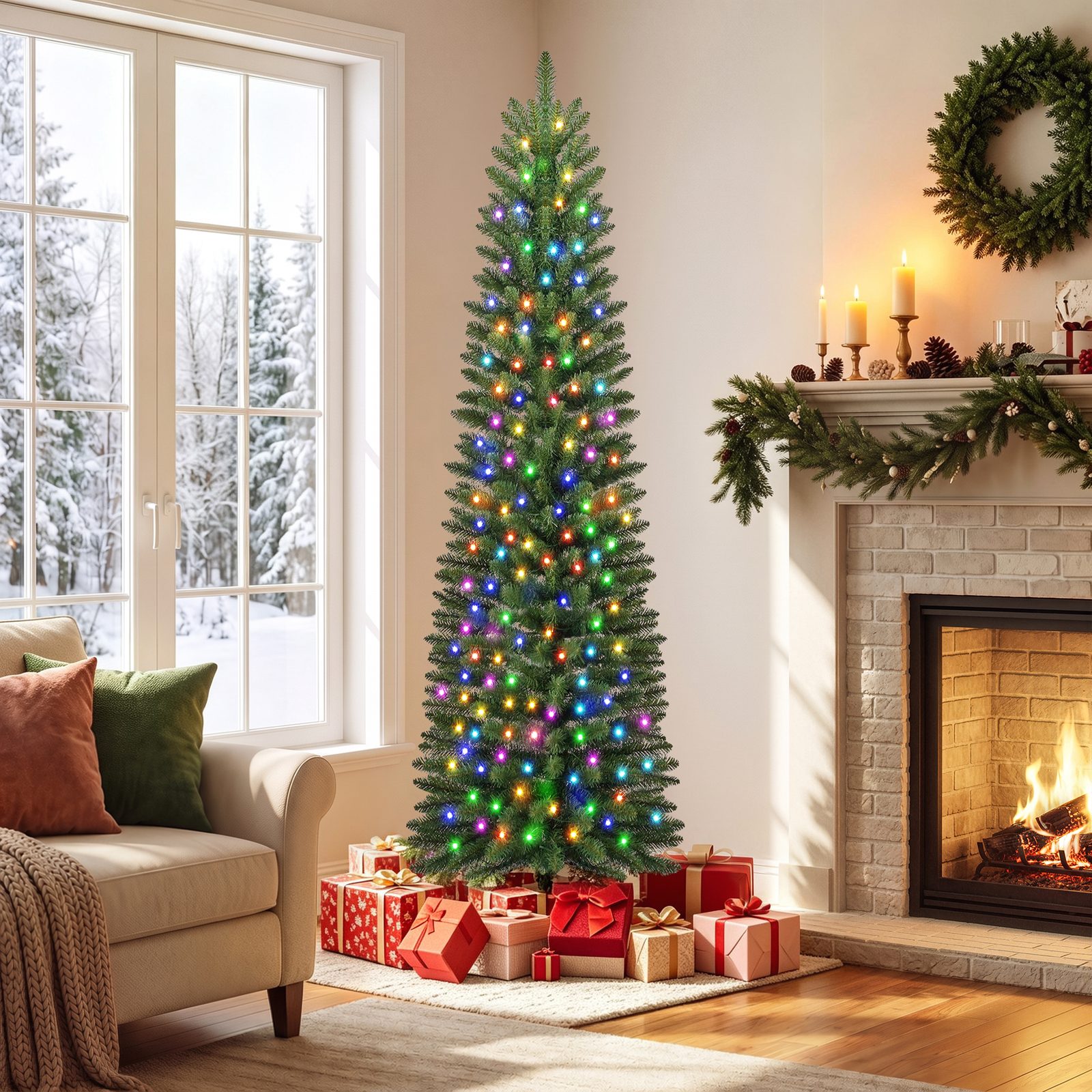 Knoaia Pre-Lit Pencil Artificial Christmas Tree, 6ft Xmas Tree with Metal Stand for Christmas Decoration, Green