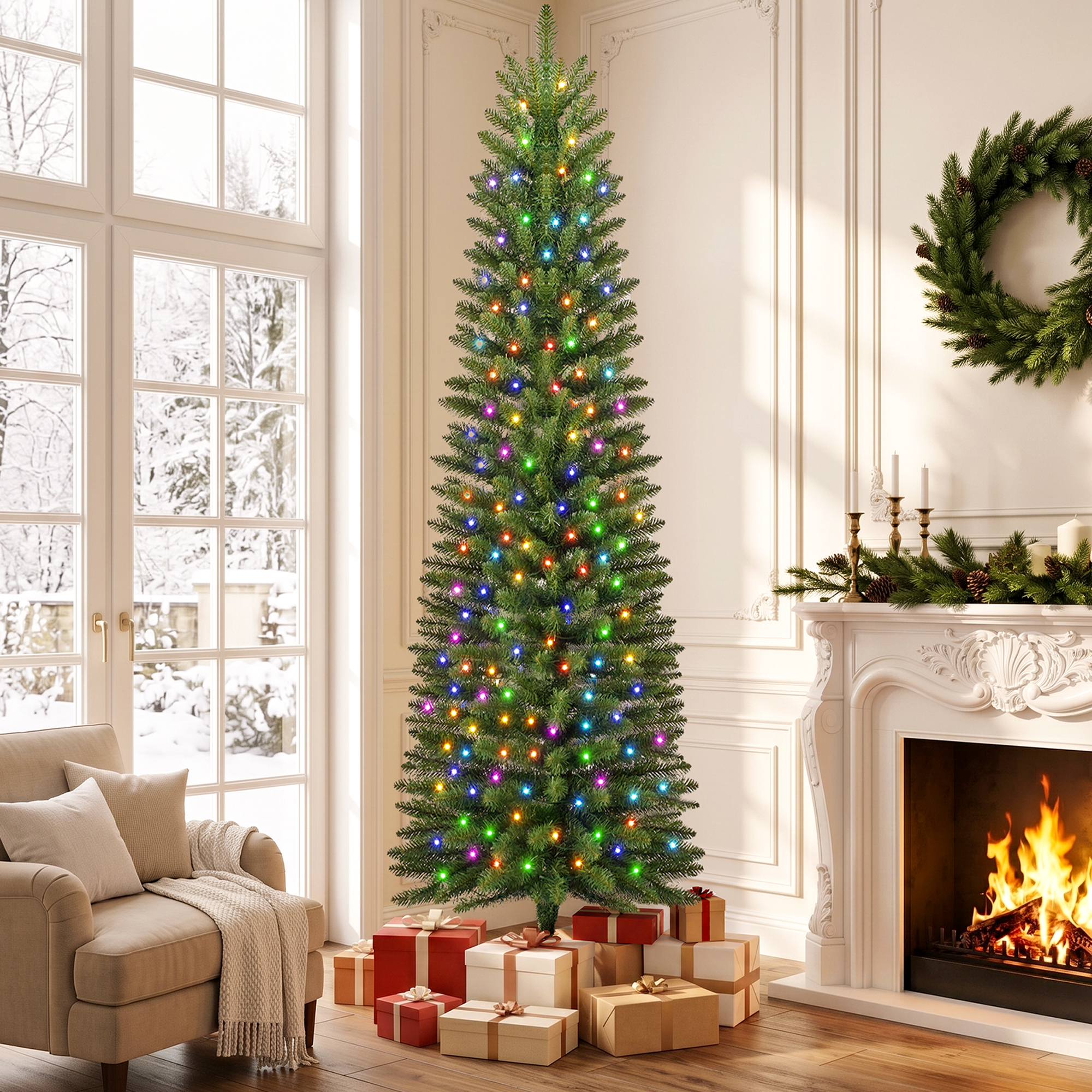 Knoaia Pre-Lit Pencil Artificial Christmas Tree, 7ft Xmas Tree with Metal Stand for Christmas Decoration, Green
