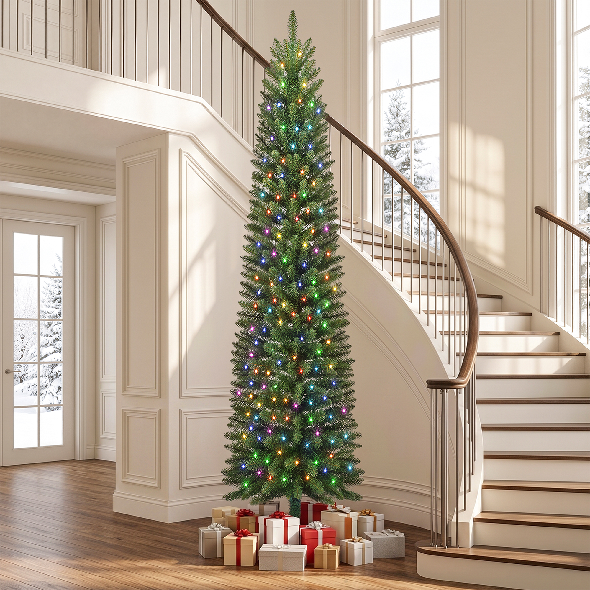 Knoaia 9ft Pencil Christmas Tree, Prelit Artificial Christmas Tree with 800 Tips, 380 Warm White & Multicolor Lights, 10 Modes, Green Xmas Tree with Stand