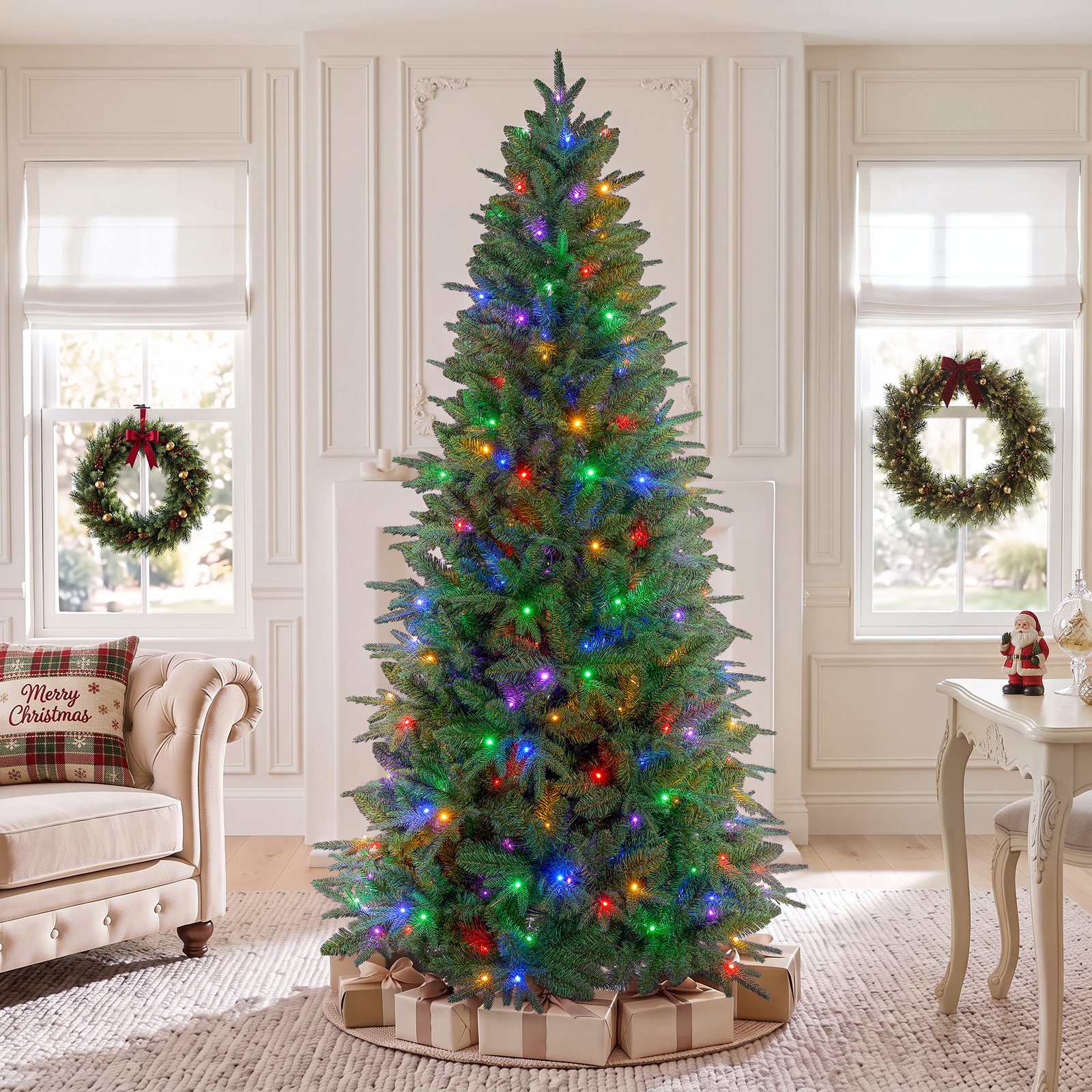 Knoaia 7ft Pre-Lit Artificial Christmas Tree with 400 Warm White & Multicolor LED Lights, 1559 PE+PVC Tips, Hinged Christmas Tree for Living Room, Home, Office, Holiday Decor