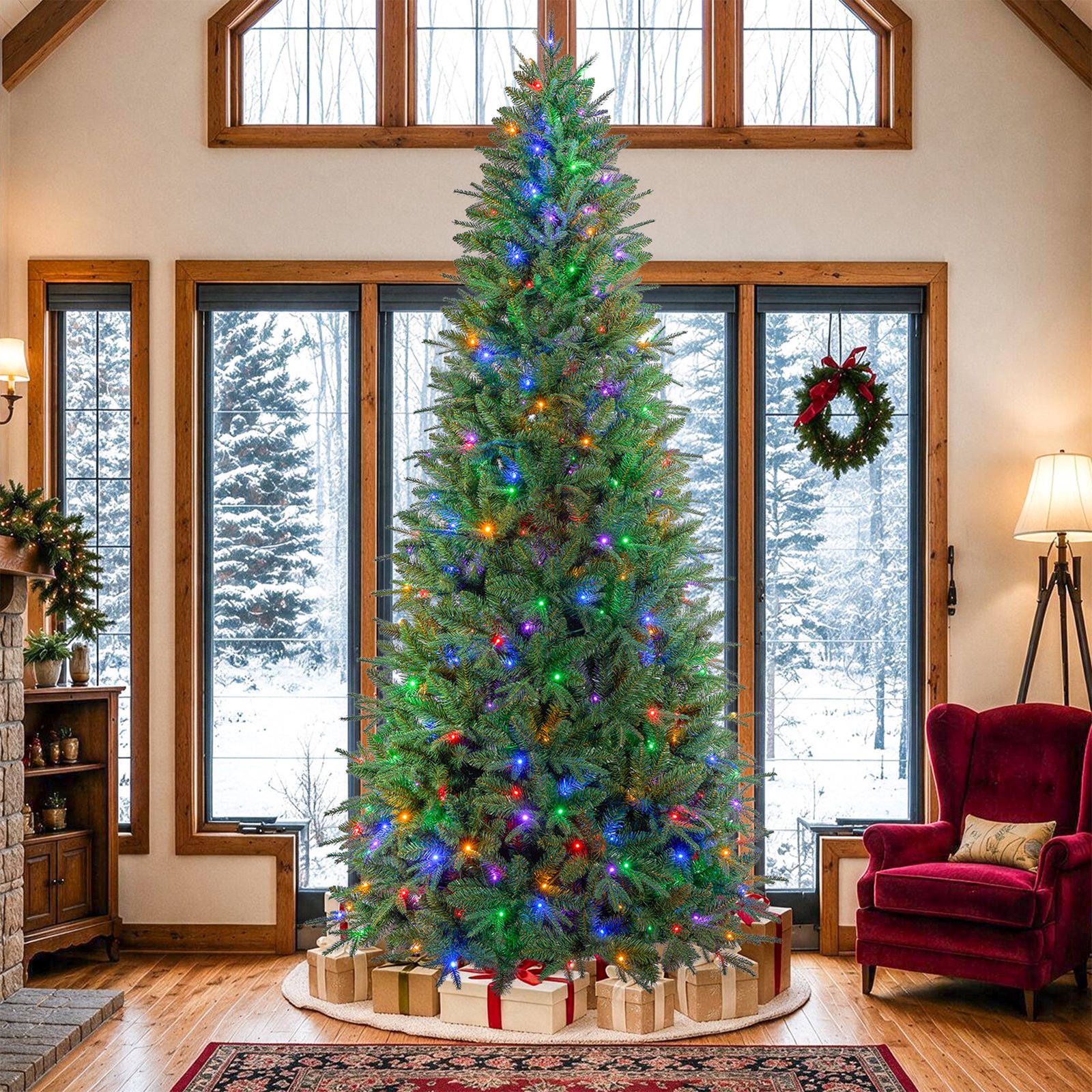 Knoaia 9ft Artificial Prelit Christmas Tree,Prelit Xmas Tree with 2800 Mixed PE & PVC Branch Tips,Hinged Pine Tree with Metal Stand for Home Office Decor