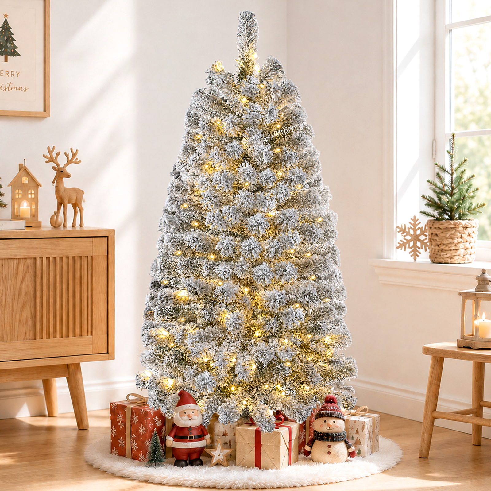 Knoaia 4ft Pre-Lit Flocked Christmas Tree, 360 Realistic Branch Tips, 120 Multicolor & Warm White LED Lights Snowy Artificial Christmas Tree