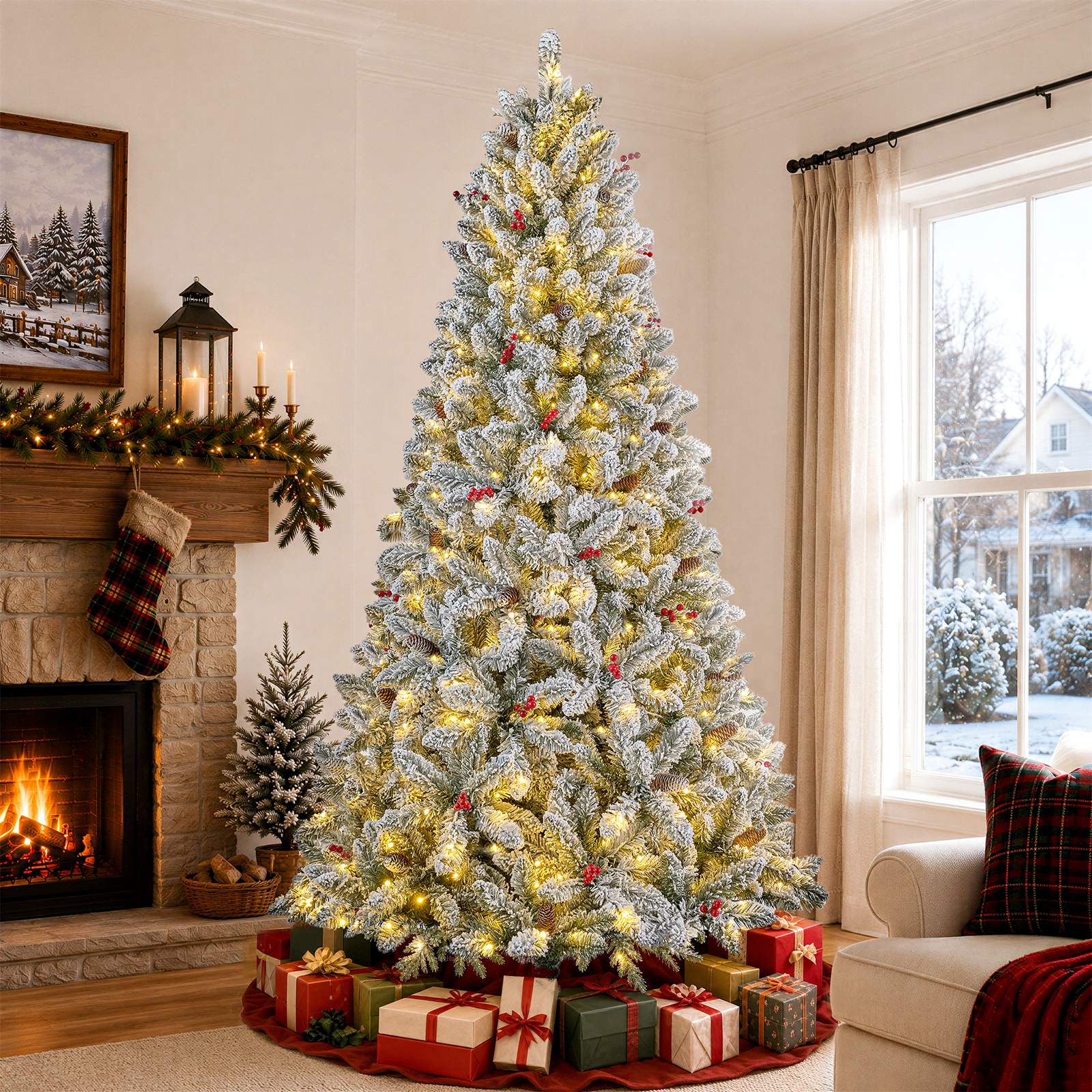 Knoaia 7ft Pre-Lit Pre-Decorated Flocked Christmas Tree with Red Berries & Pinecones, 350 Warm White & Multicolor LED Lights, 1045 Snow-Flocked Tips, Hinged Artificial Christmas Tree for Home Holiday Decor