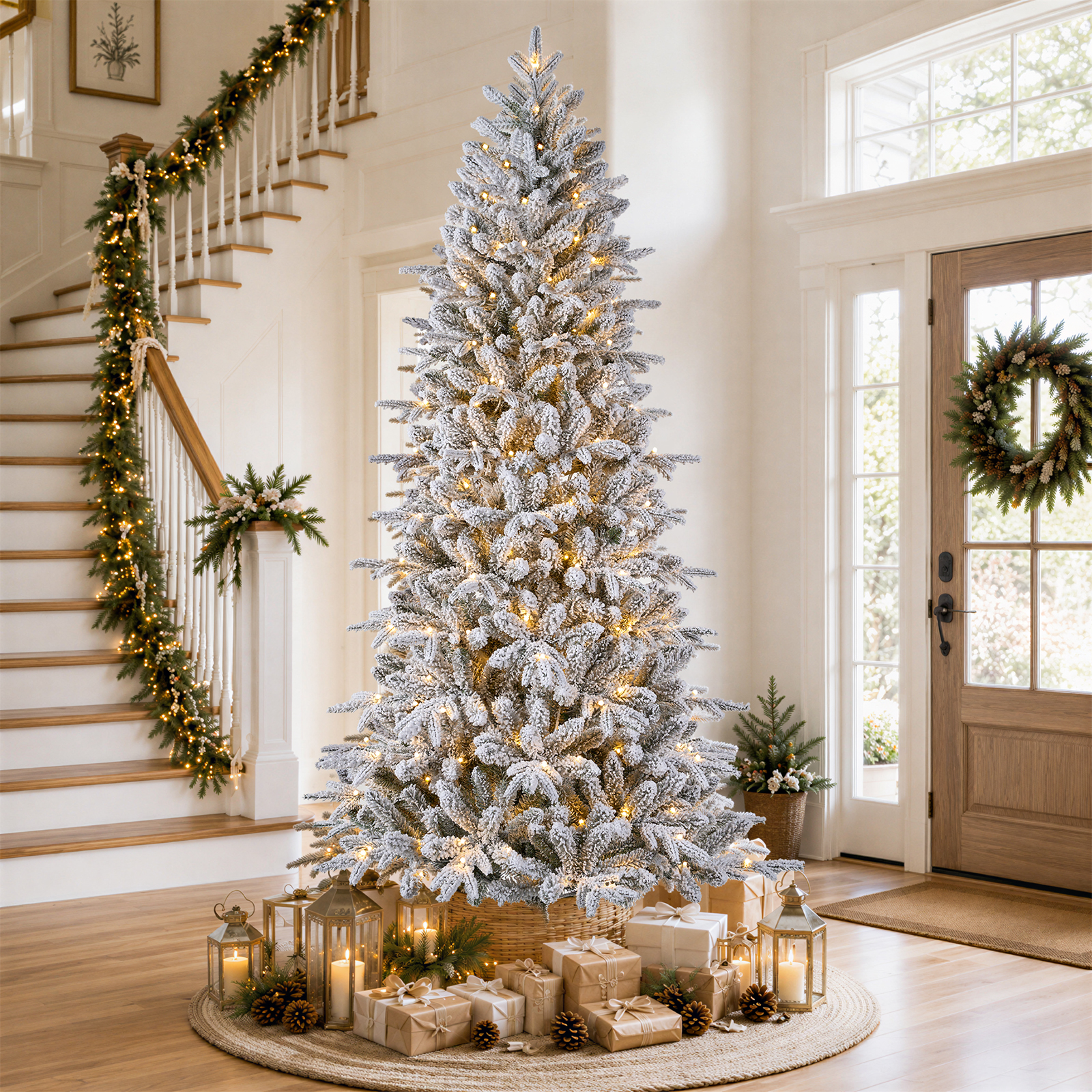 Knoaia 7FT Pre-Lit Flocked Christmas Tree, 300 Warm White LED Lights, 1060 PE & PVC Tips Snowy Artificial Christmas Tree