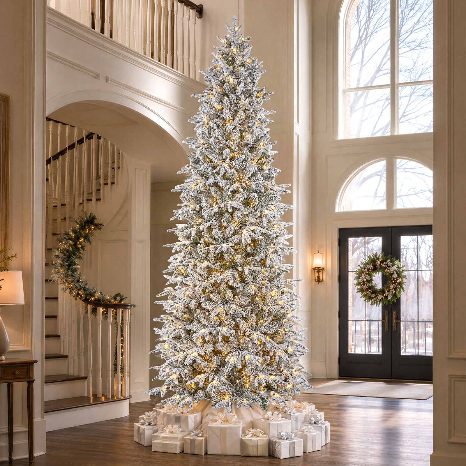 Knoaia 9FT Pre-Lit Flocked Christmas Tree, 500 Warm White LED Lights, 1906 PE & PVC Branch Tips Snowy Artificial Christmas Tree