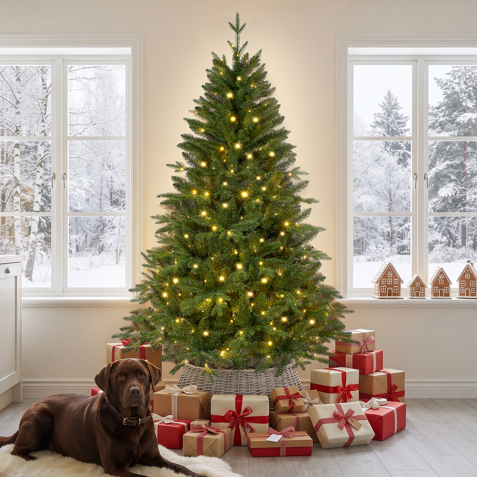 Knoaia 6ft Prelit Hinged Christmas Tree with 300 Multicolor & Warm White LED Lights, 980 Branch Tips, Metal Stand