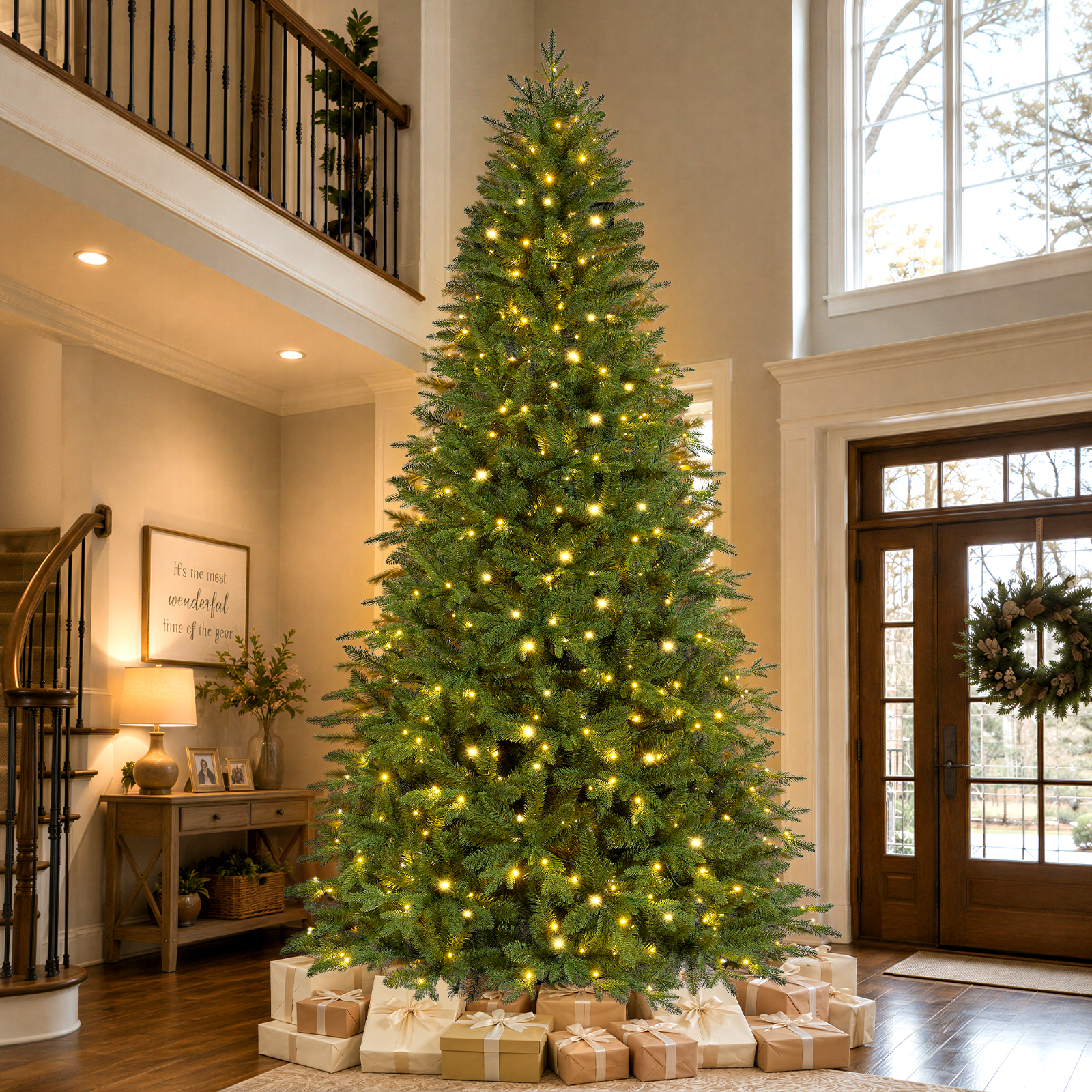 Knoaia 9ft Pre-Lit Artificial Christmas Tree with 500 Warm White & Multicolor LED Lights, 2524 PE+PVC Tips, Hinged Christmas Tree for Living Room, Office, Store Decor