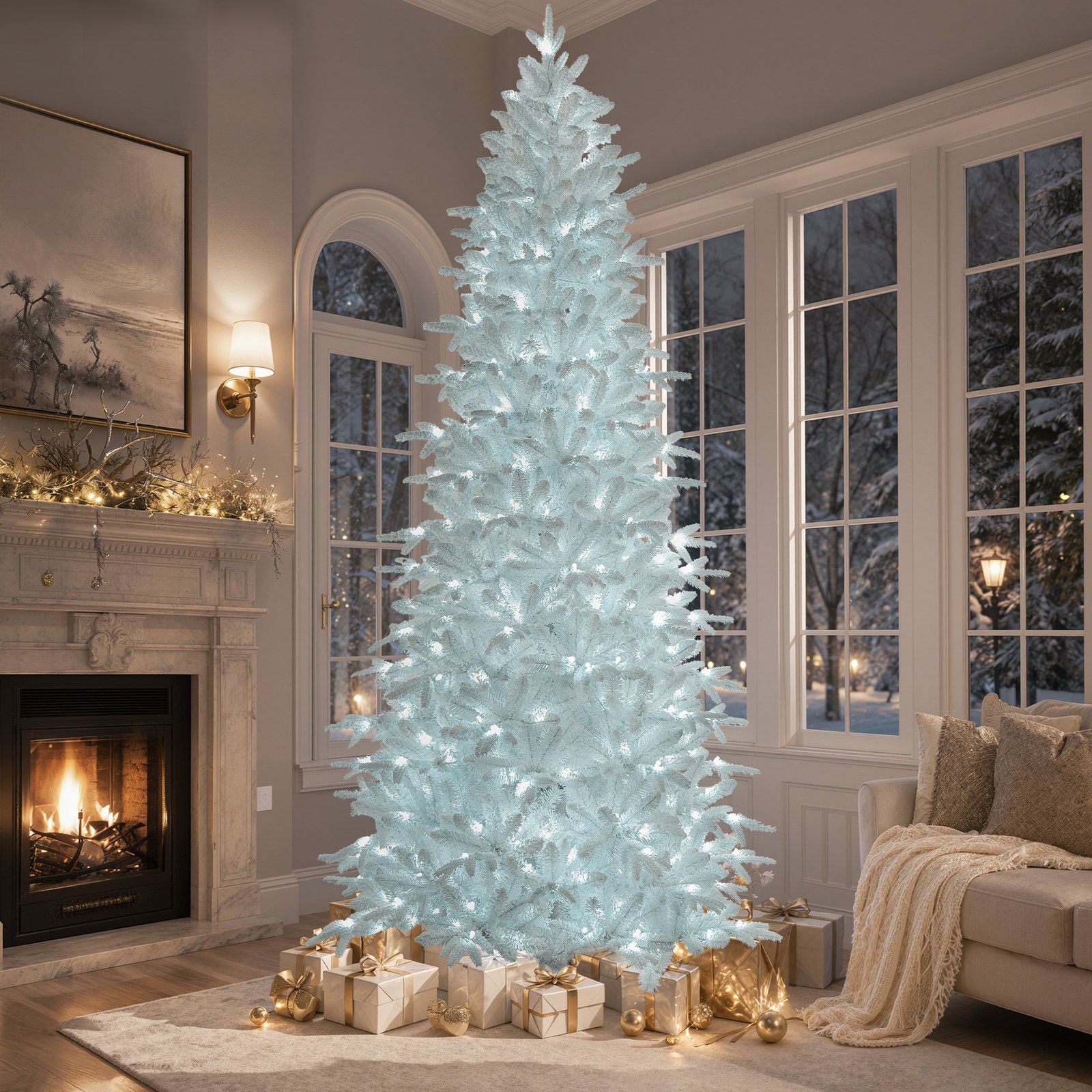 Knoaia 9 ft Pre-Lit White Flocked Slim Christmas Tree, Artificial Snowy Tree with 450 Cool White Lights, 2045 Branch Tips, PVC & PE Branches