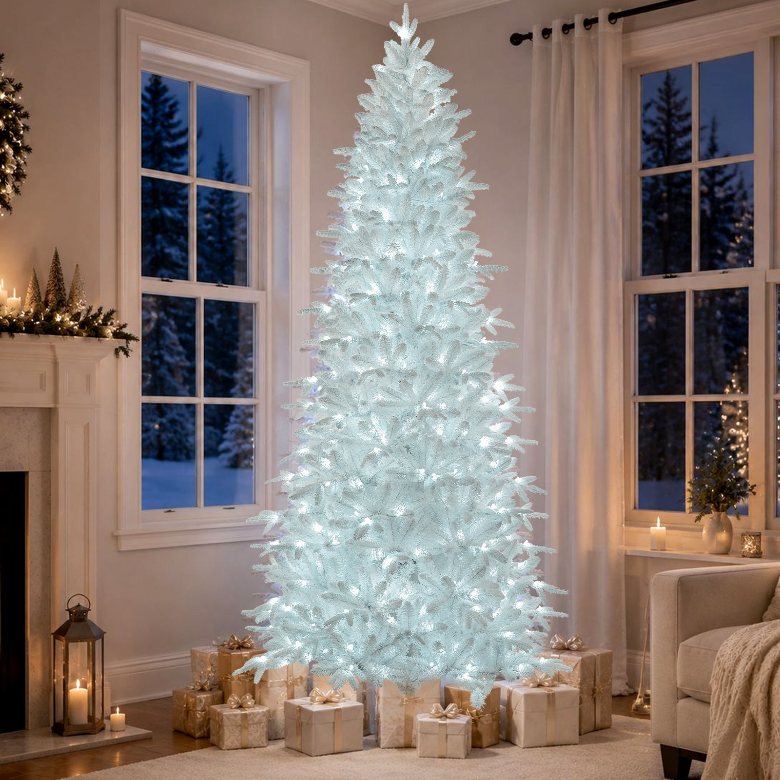 Knoaia 7 ft Pre-Lit White Flocked Slim Christmas Tree, Artificial Snowy Tree with 280 Cool White Lights, 1060 Branch Tips, PVC & PE Branches
