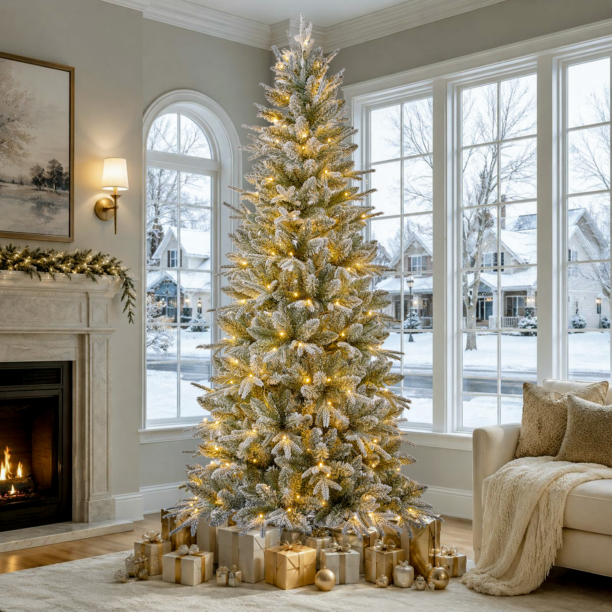 Knoaia 9 ft Pre-Lit Frosted Slim Christmas Tree, PVC & PE Branches, 420 Warm White & Multicolor Lights, 10 Functions, 1889 Branch Tips