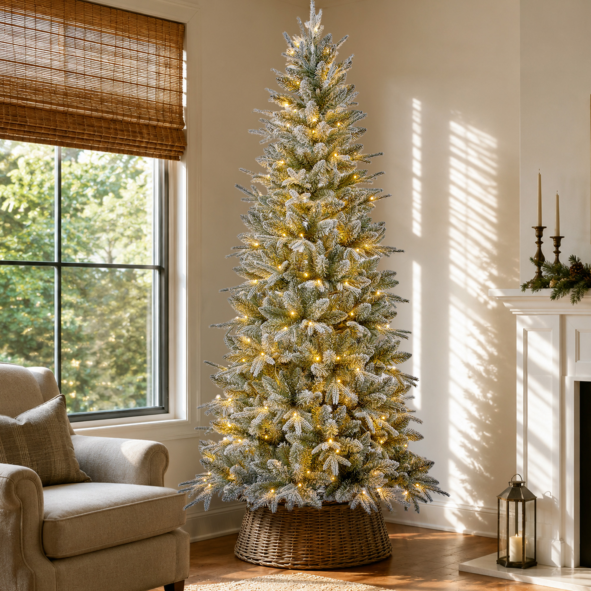 Knoaia 7 ft Pre-Lit Frosted Slim Christmas Tree, PVC & PE Branches, 260 Warm White & Multicolor Lights, 10 Functions, 1179 Branch Tips