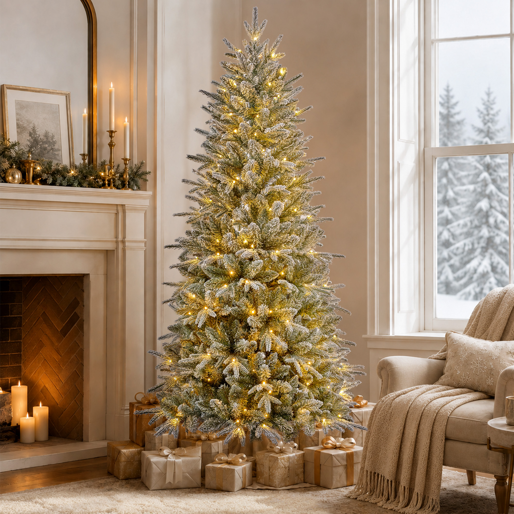 Knoaia 6 ft Pre-Lit Frosted Slim Christmas Tree, PVC & PE Branches, 200 Warm White & Multicolor Lights, 10 Functions, 853 Branch Tips