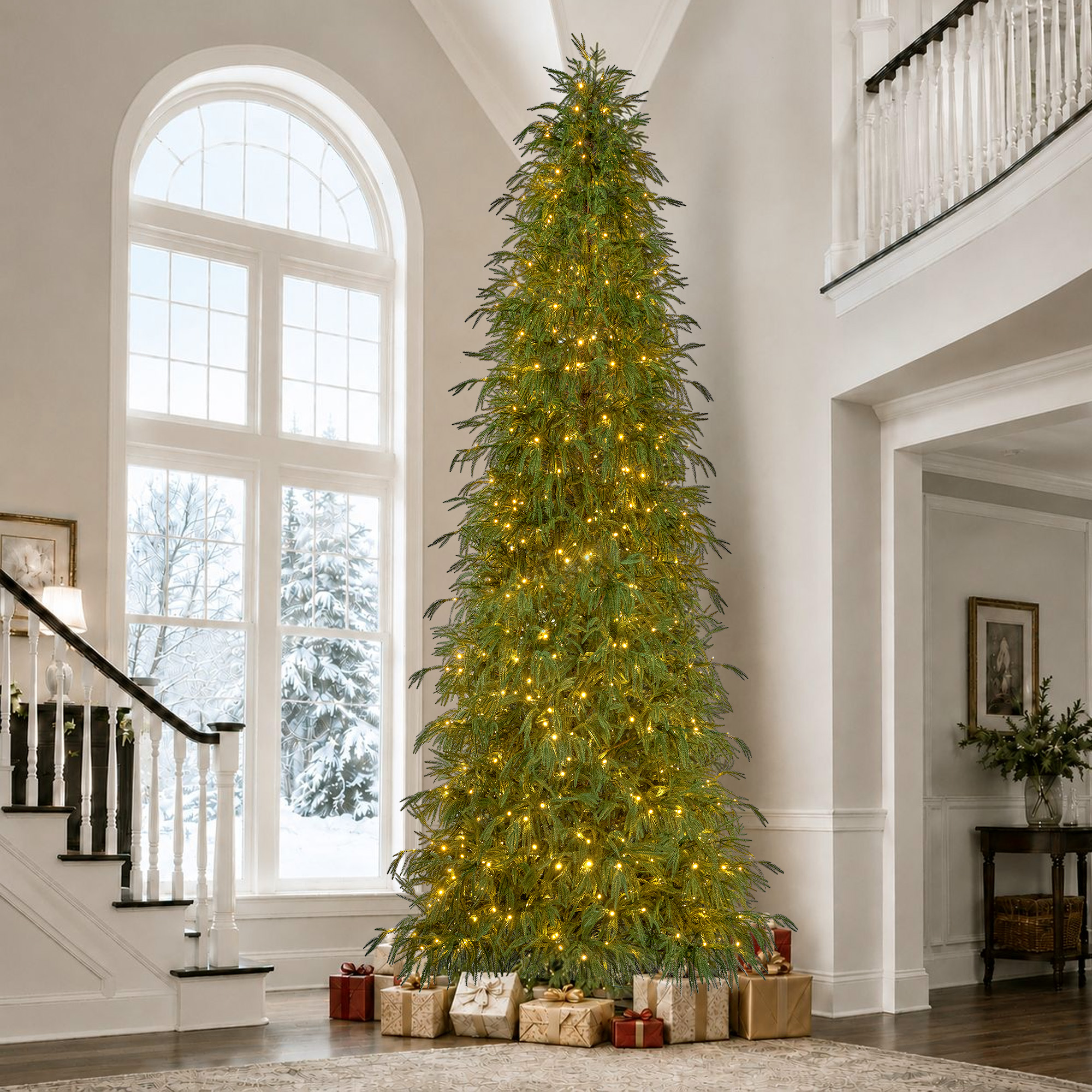 Knoaia 12 ft Pre-Lit Norfolk Pine Christmas Tree, PE Slim Artificial Tree with 800 Warm White & Multicolor 10-Function Lights, 15504 Branch Tips, Green