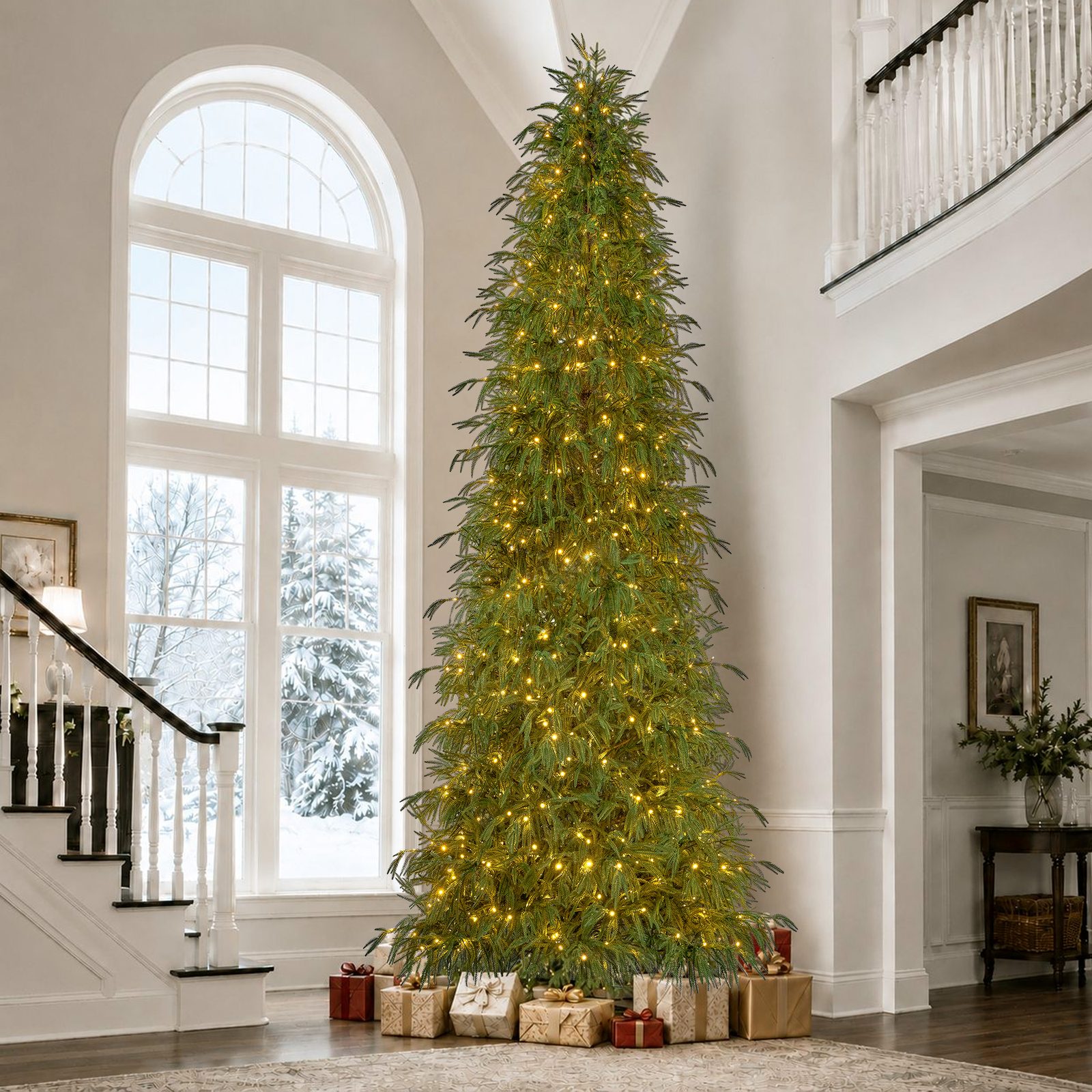 Knoaia 12 ft Pre-Lit Norfolk Pine Christmas Tree, PE Slim Artificial Tree with 800 Warm White & Multicolor 10-Function Lights, 15504 Branch Tips, Green