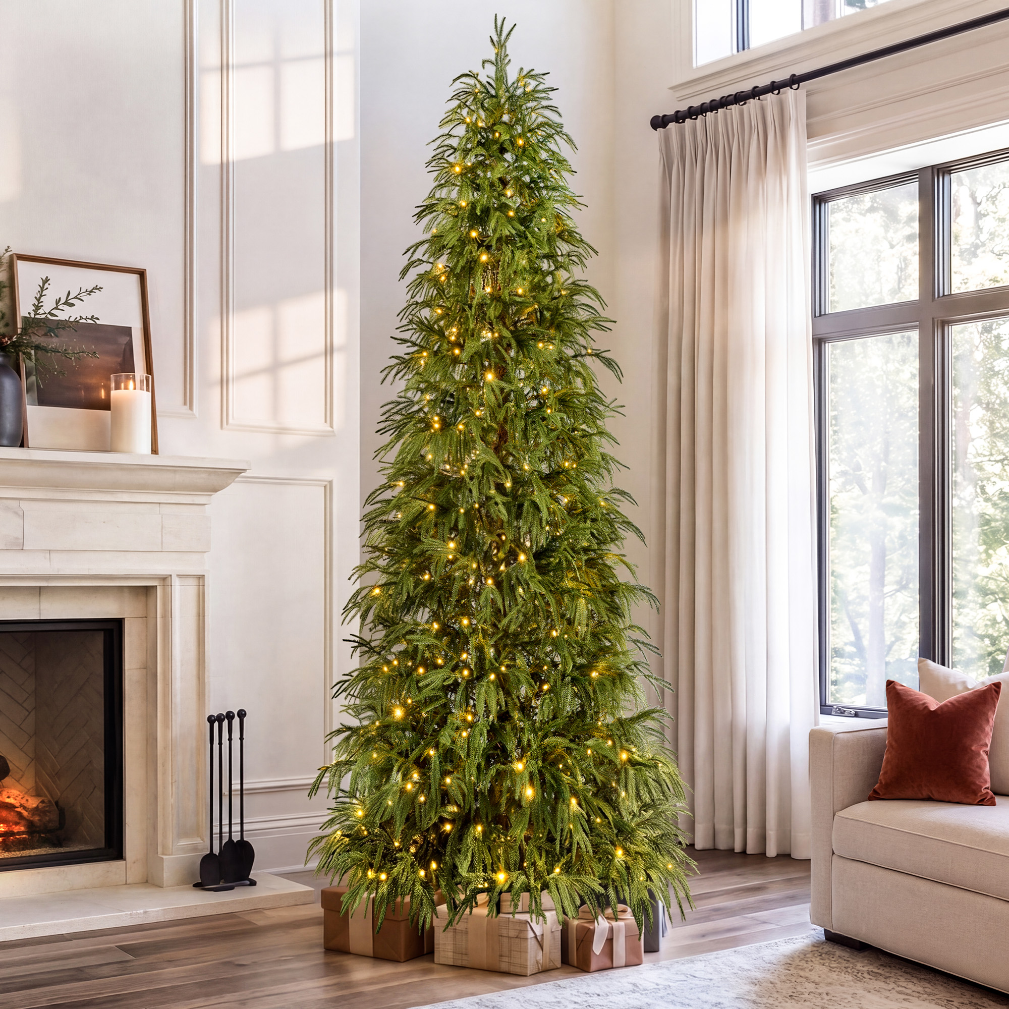 Knoaia 9 ft Pre-Lit Norfolk Pine Christmas Tree, PE Slim Artificial Tree with 480 Warm White & Multicolor 10-Function Lights, 8488 Branch Tips, Green