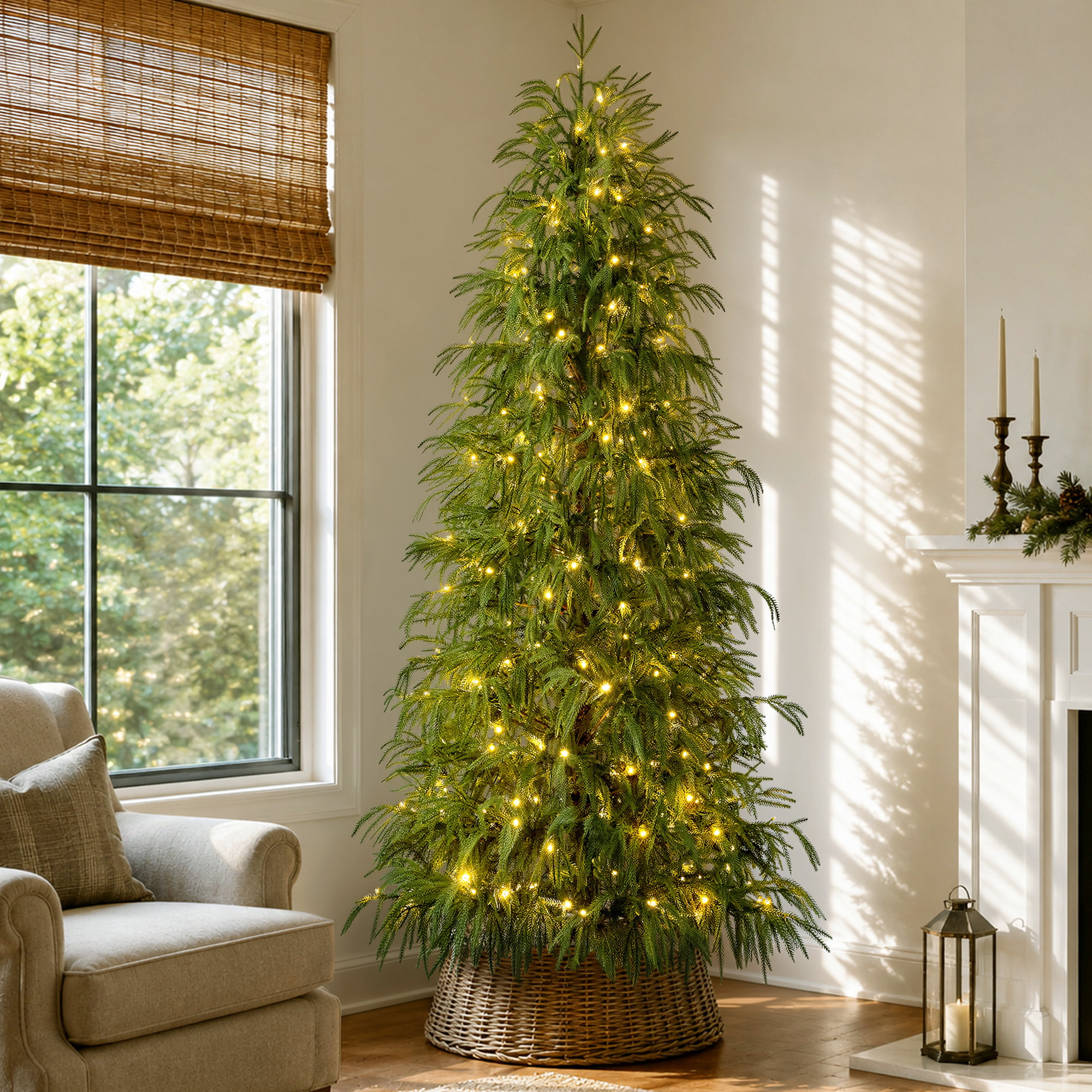 Knoaia 7 ft Pre-Lit Norfolk Pine Christmas Tree, PE Slim Artificial Tree with 300 Warm White & Multicolor 10-Function Lights, 6718 Branch Tips,Green
