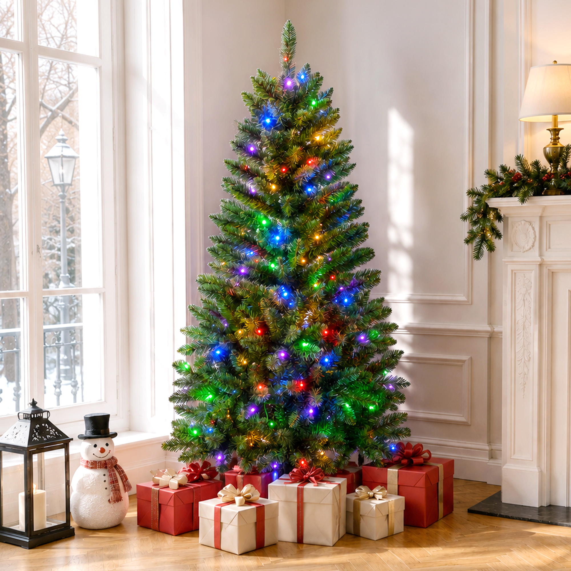Knoaia Pre-Lit Artificial Christmas Tree, 4ft, 150 Warm White & Multi-Colored 10 Modes LED Lights, Metal Stand, 360 Branch Tips, Green