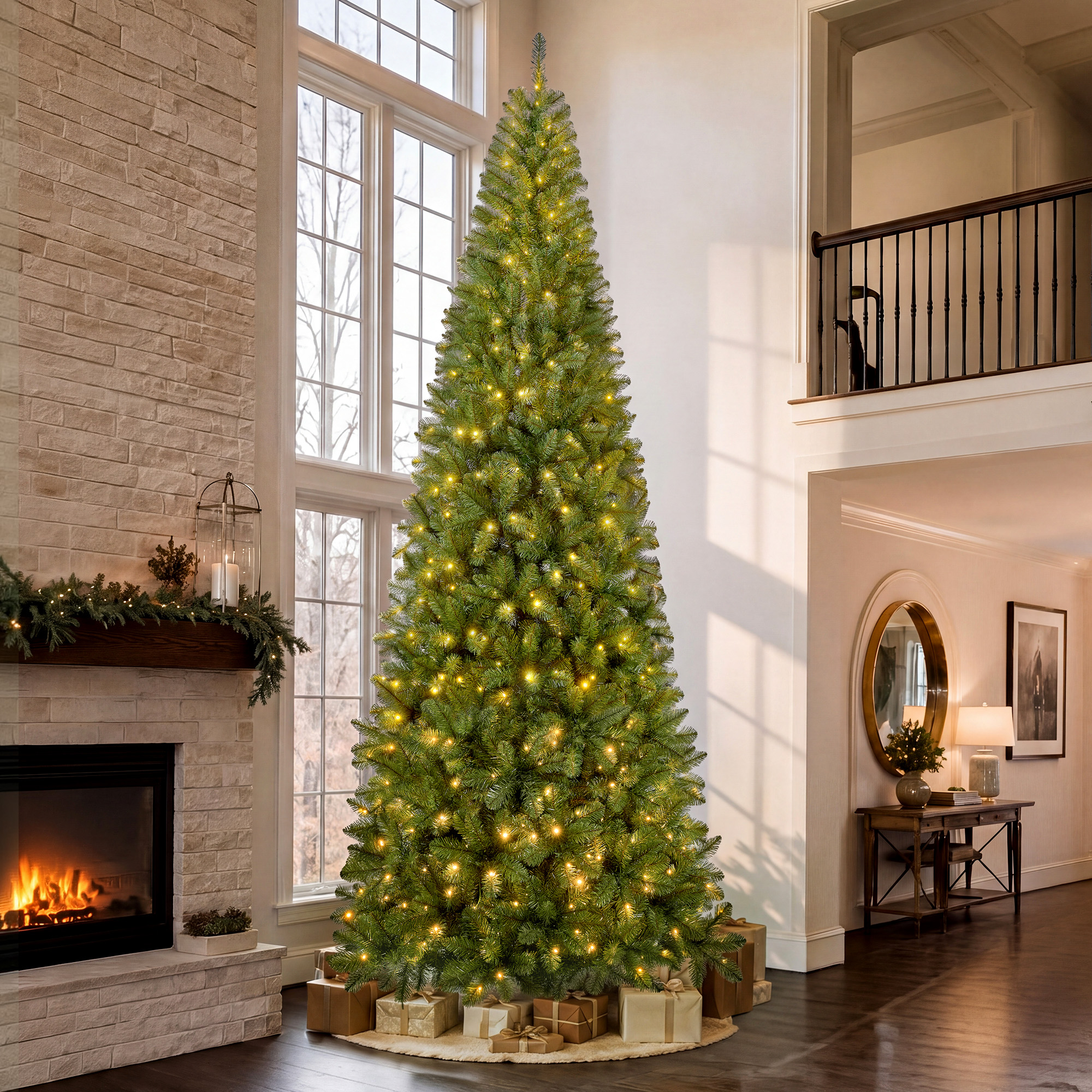 Knoaia 12 ft Pre-Lit Christmas Tree, PVC Slim Artificial Tree with 700 Warm White & Multicolor 10-Function Lights, 2740 Branch Tips,Green