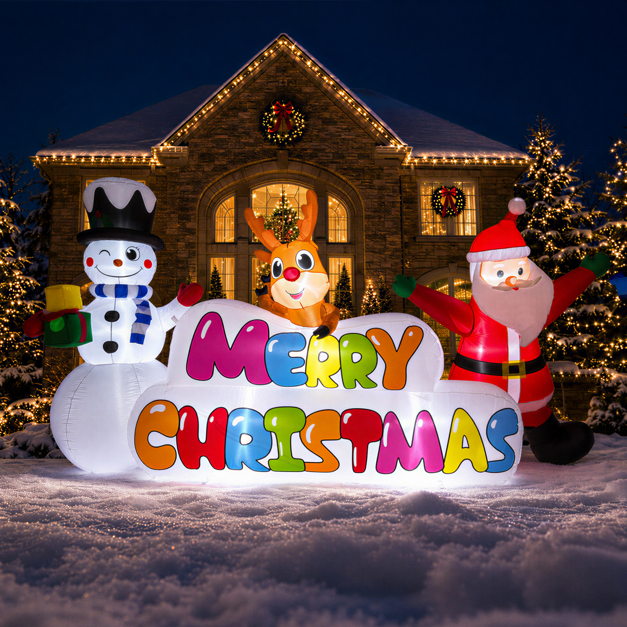 Knoaia 10FT Long Christmas Inflatable with Santa,Snowman and Reindeer,Giant Xmas Blow Up with Lighted Merry Christmas Sign for Outdoor Yard,Lawn,Garden Decor
