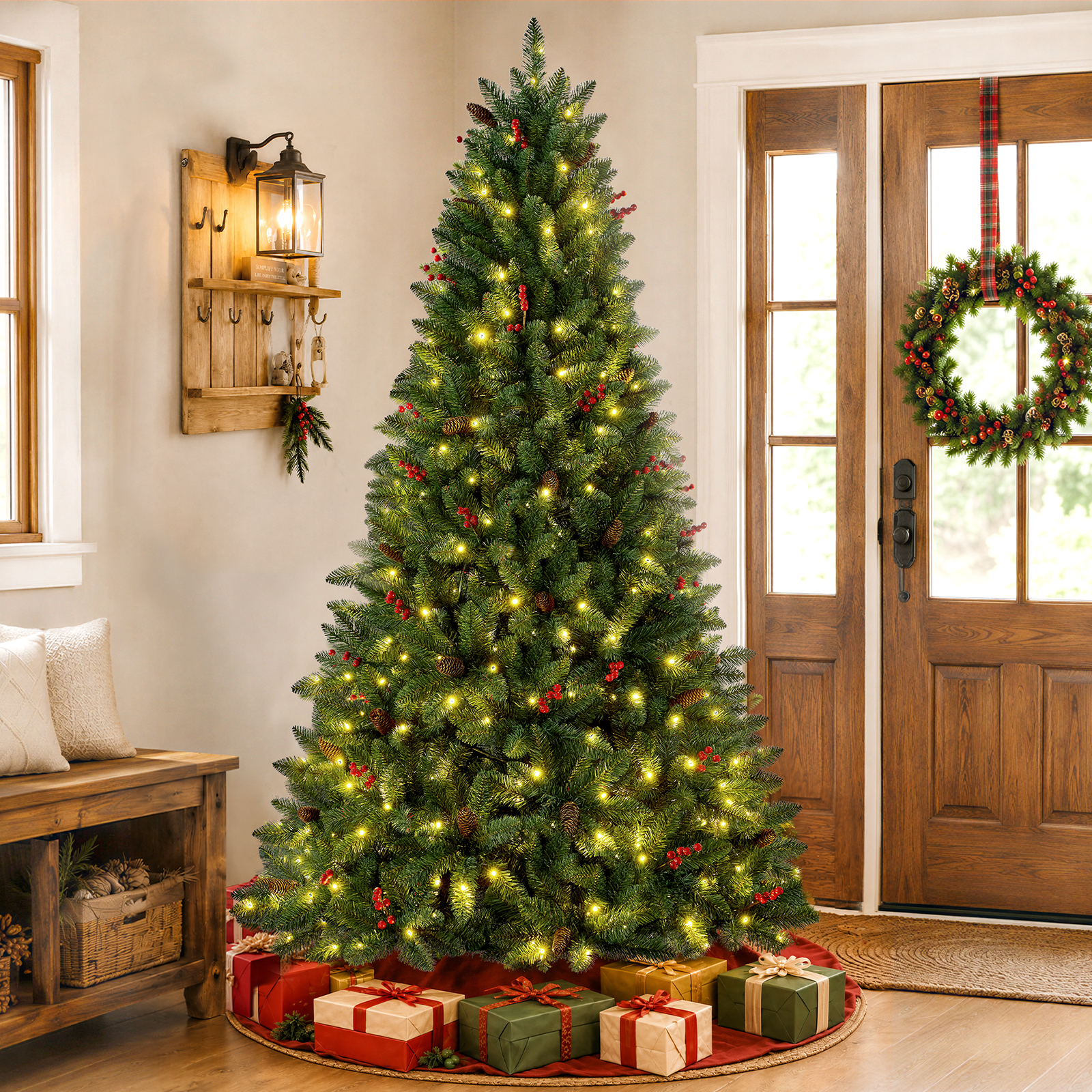 Knoaia 7ft Pre-Lit Pre-Decorated Christmas Tree with Red Berries & Pinecones, 350 Warm White & Multicolor LED Lights, 1173 Tips, Hinged Artificial Christmas Tree for Home Holiday Decor