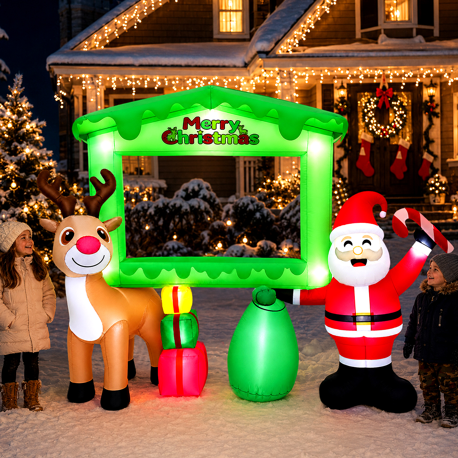 10FT Christmas Inflatable Photo Booth Frame with Santa Claus and Reindeer, Blow Up Selfie Picture Frame Prop with Bright LEDs, Outdoor Holiday Yard Decor for Christmas Party