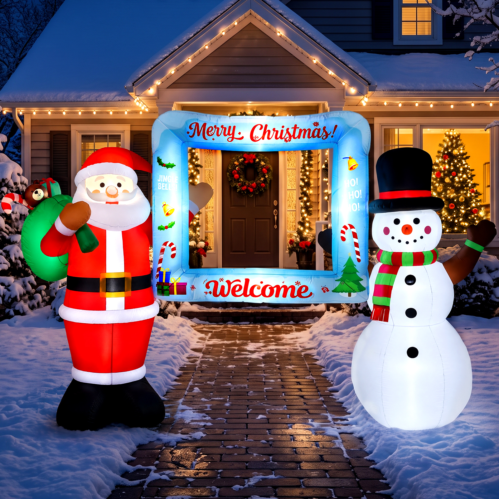 10FT Christmas Inflatable, Blow up Christmas Outdoor Decoration Selfie Picture Frame Prop with Santa Claus and Snowman, Pre-Lit Holiday Welcome Photo Booth Prop for Family Party Yard